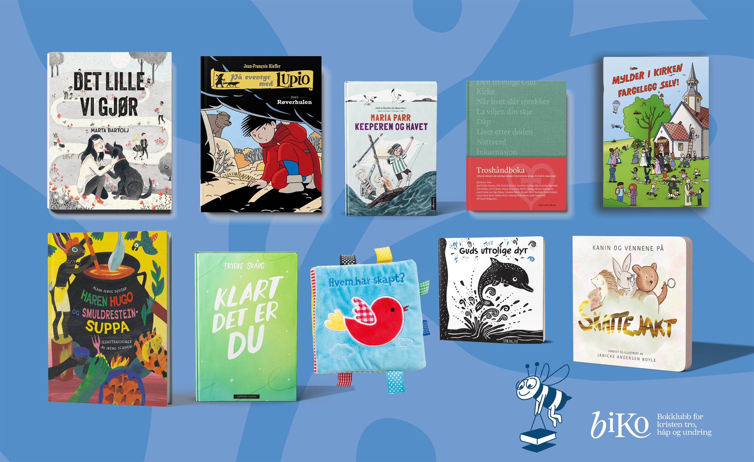 Dette er noe av innholdet  som kommer i sommerpakken 2026 (banner med innholdet i pakkene fra Biko - Bokklubb for kristen tro, håp og undring)